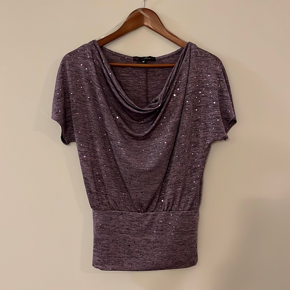 Sequin Lilac/Black Blouse with Cowl Neckline